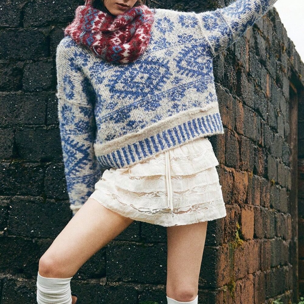 Blue And White Boho Women's Fuzzy Sweater - Picture 5 of 9